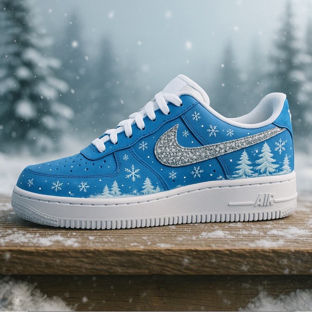 Custom Blue Christmas Nike Air 1 | Hand Painted Winter AF1 | Holiday Sneakers